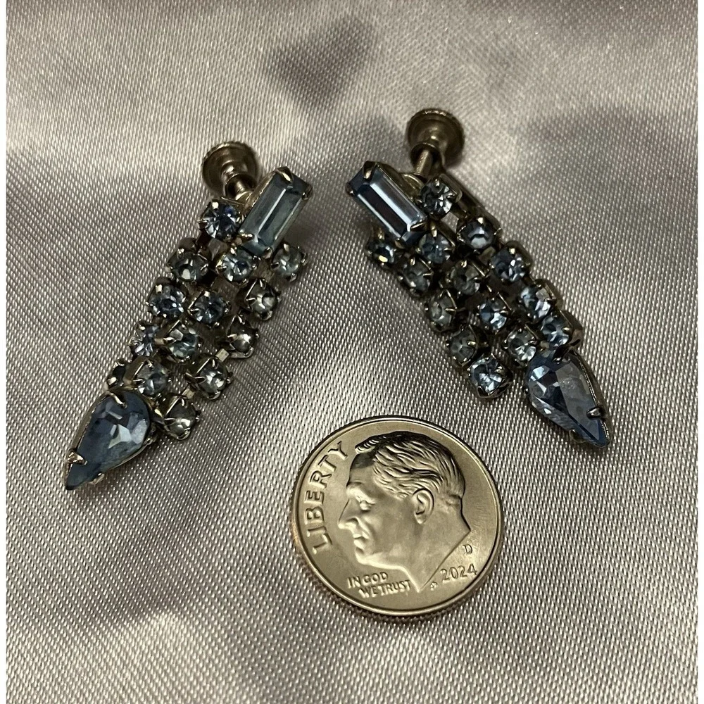 Baguette Blue Crystal Silver Tone Clip On Waterfall Chandelier Vintage Earrings